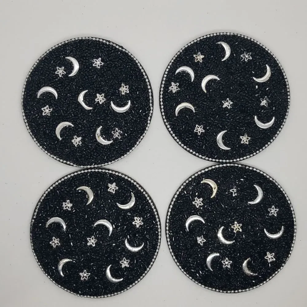 Moon and stars beaded coaster set with holder